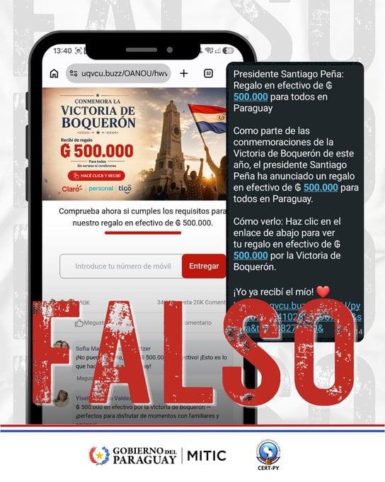 Alerta de fake news: falsa campaña de regalo de dinero por la Victoria de Boquerón